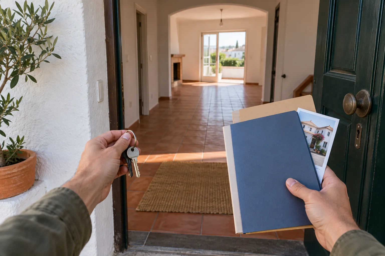 Pessoa com chaves e documentos à entrada de uma casa no Algarve