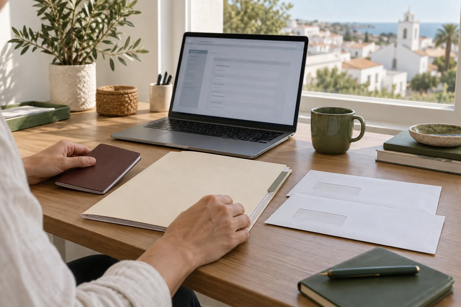Person organises tax documents and addresses for a move to Portugal