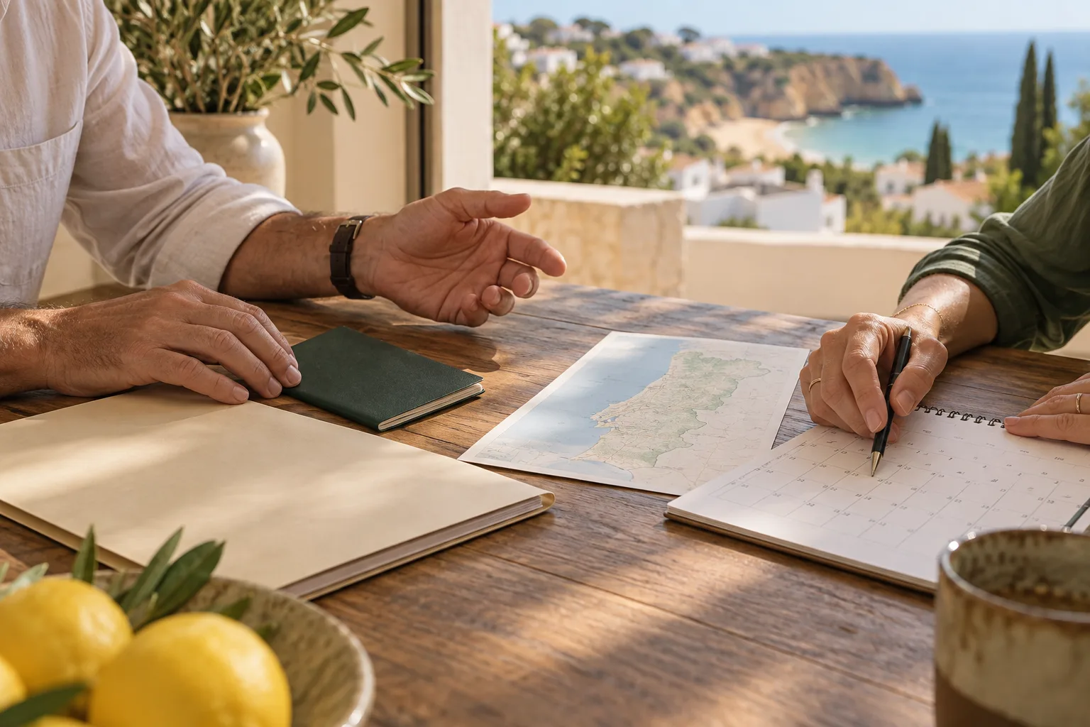 Duas pessoas organizam documentos de viagem e calendário para a mudança ao Algarve