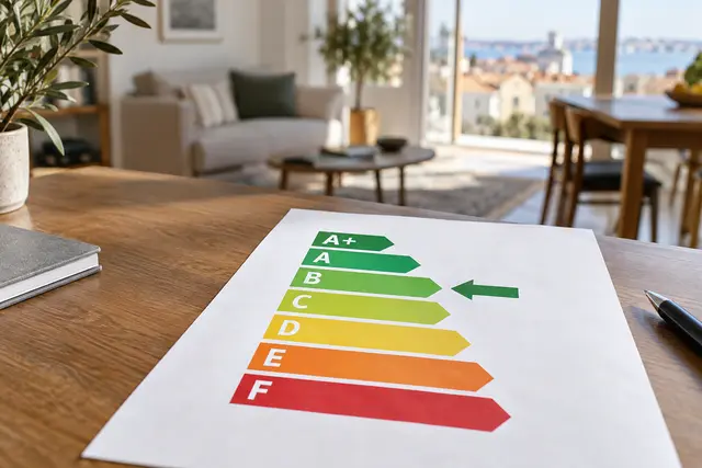 Escala ilustrativa de classes energéticas de A+ a F, com classe B assinalada